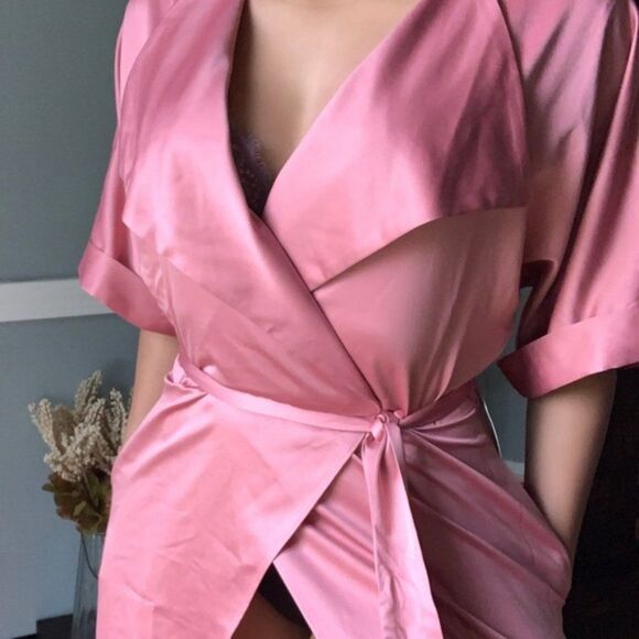 Express Satin Wrap Midi Dress in Rose Pink - Picture 3 of 11